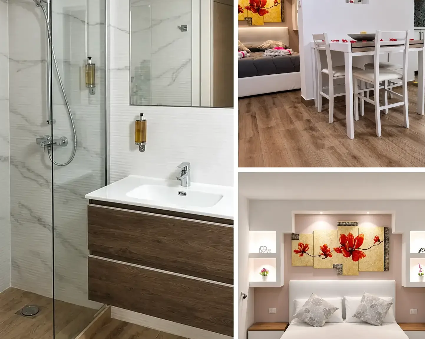 Collage interni di Terracata Rooms ad Alezio, vicino Gallipoli – camere vacanza moderne con soffitti a volta salentini, soppalco con scala i